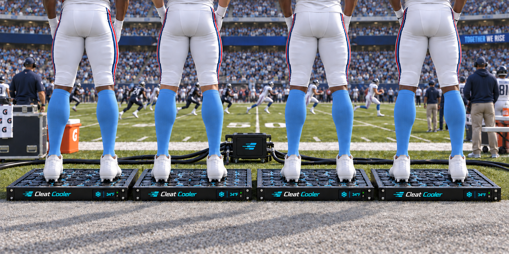 Football players using Cleat Cooler trays on the sideline