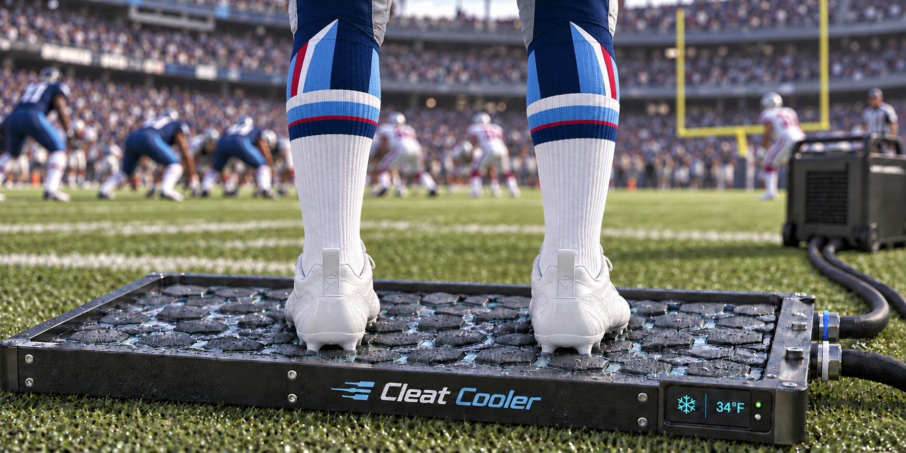 Close-up of football cleats on the Cleat Cooler tray during a game